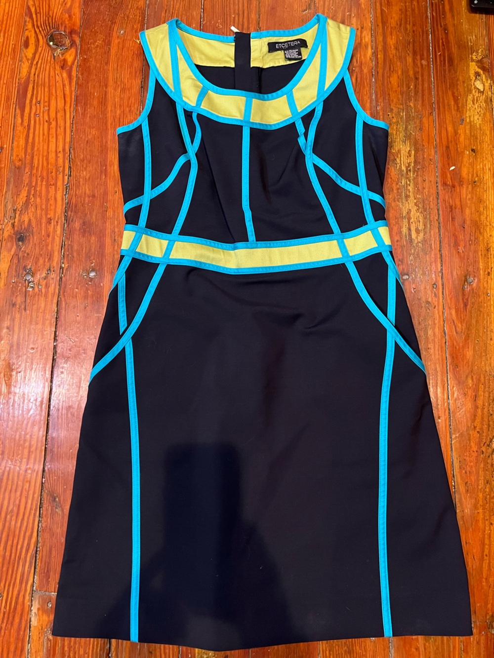 BCBGMaxAzria Black One-Piece Swimdress with Turquoise Trim and Yellow Band